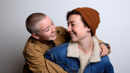 A close-up portrait of two women embracing. One has a short buzz cut and the other wears a beanie. They share warm smiles, showcasing a strong bond.の素材