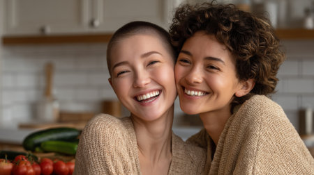 Two women, with beaming smiles and close embraces, share a radiant moment in a kitchen. Their joyful expressions and affection create a warm and heartwarming scene.の素材