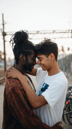 A tender moment shared between two men, their heads touching and smiles radiant. This image captures the essence of love and acceptance in an urban setting.の素材