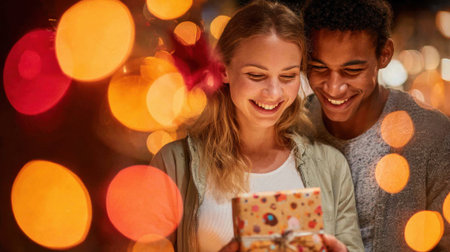 A man and woman with broad smiles look at a gift box. Soft, colorful bokeh lights create a warm and inviting atmosphere, highlighting their shared happiness.の素材