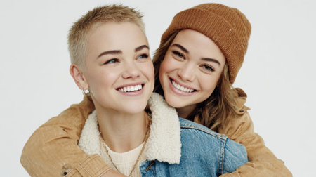 A portrait featuring two young women in a warm embrace, both smiling brightly. Their genuine happiness and connection are evident, creating an uplifting and positive image.の素材