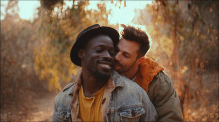A diverse gay couple shares a loving kiss, with warm golden hour light illuminating them amidst the beautiful colors of an autumn forest.の素材