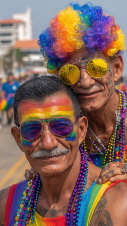 This close-up shot captures two men expressing joy and pride at a colorful event, adorned with rainbow face paint, festive wigs, and multiple strands of beaded necklaces.の素材
