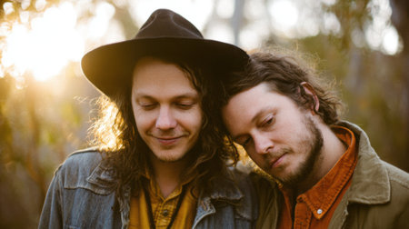 A tender moment captured between two men, bathed in warm golden hour light. Their connection is palpable as they lean together in nature.の素材