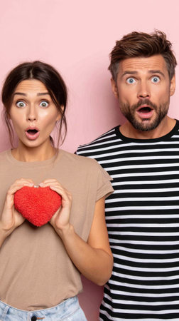 A couple looks amazed, their shocked expressions reflecting the overwhelming excitement and wonder of their shared love story and the path they are taking together.の素材