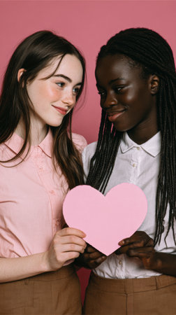 A beautiful portrayal of unity and affection, this image features two young women holding a pink heart, signifying friendship, romance, and inclusivity on a colorful background.の素材