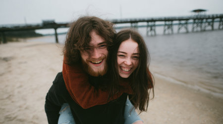 A happy couple shares a piggyback ride on a secluded beach, their laughter echoing as a distant pier stretches over the water, capturing pure joy and connection.の素材