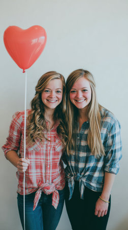 Captured in a moment of pure joy, two women in comfortable flannel shirts hold a bright red heart, embodying happiness and a strong sense of shared affection.の素材