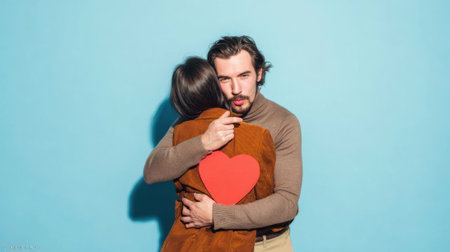 A man with a beard and brown turtleneck sweater embraces a woman from behind, holding a red heart against her back, against a striking blue backdrop.の素材