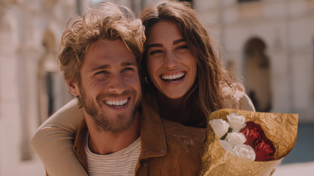 A close-up portrait captures a smiling couple holding roses. Their joyful expressions and shared gaze highlight a romantic connection, perfect for engagement or anniversary celebrations.の素材
