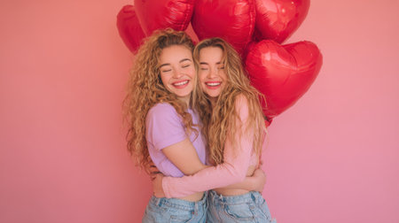 Two inseparable friends share a heartfelt hug and infectious laughter, with a bouquet of bright red heart balloons adding to the festive, celebratory mood.の素材
