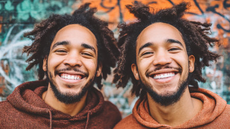 Close-up portrait of two happy twin brothers sharing a joyful moment, their dreadlocks framing their faces as they smile broadly against a vibrant, urban graffiti backdrop.の素材