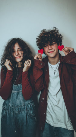A cheerful young couple, dressed in stylish denim overalls and jackets, hold up red heart shapes, expressing affection and joy. Perfect for Valentine's Day.の素材