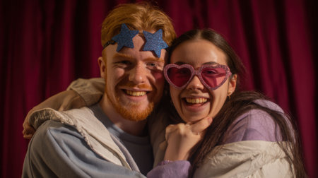 A happy couple shares a moment of pure joy, adorned with quirky accessories. Their smiles light up the scene against a rich, textured velvet backdrop, perfect for festive celebrations.の素材