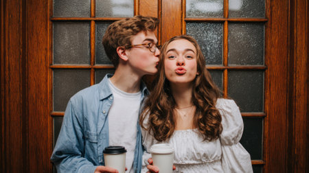 A young man kisses a young woman on the cheek while they both hold coffee cups, standing in front of a wooden door, showcasing their playful, affectionate relationship.の素材