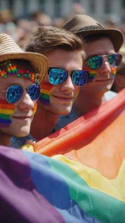 Three friends proudly sport rainbow face paint and vibrant sunglasses, holding a large rainbow flag. They embody the spirit of LGBTQ+ pride and community celebration.の素材