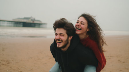 Young happy couple having fun on the beach in winter. Man piggybacking his girlfriend.の素材