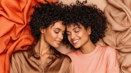 Close-up of two women with natural curly hair resting heads together, eyes closed, conveying peace and connection. The soft, draped fabric in warm tones adds to the serene atmosphere.の素材