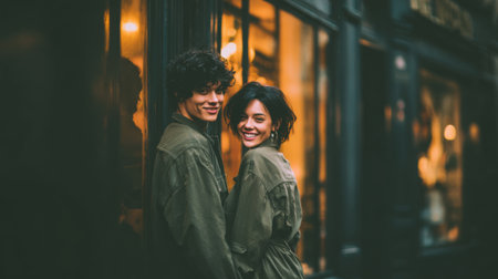A joyful young couple, hand in hand, stand close by a storefront at dusk, their radiant smiles illuminating the evening.の素材