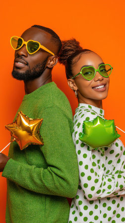 A stylish Black couple smiles while wearing vibrant heart-shaped sunglasses and holding festive star balloons, posing against a bold orange background for a fun, energetic portrait.の素材