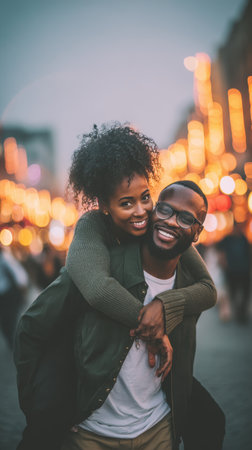 A smiling Black couple enjoys a piggyback ride outdoors as the evening lights create a warm bokeh effect, capturing a moment of pure joy and connection.の素材