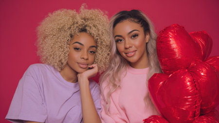 Two stylish young women are posing together, one with blonde curly hair and the other with light brown hair, holding a bunch of red heart-shaped balloons.の素材