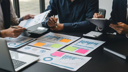 A focused group is engaged in detailed work, utilizing various tools like laptops, calculators, and notes to dissect business reports and plan effectively.の素材