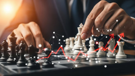 Business leaders strategize using chess, symbolizing market dynamics and competitive advantage. Visualizations of financial growth and market analysis underscore key decisions for commercial success.の素材