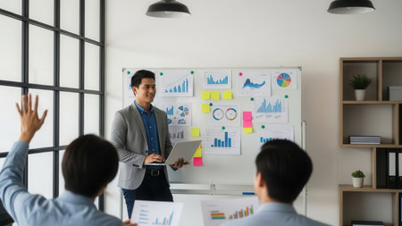 A speaker presents business strategies with charts and graphs on a whiteboard while an attendee raises their hand, signifying active participation and inquiry.の素材
