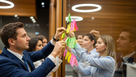 Colleagues engage in an interactive brainstorming session, adding colorful sticky notes to a glass surface, signifying creative problem-solving and dynamic team ideation for business objectives.の素材