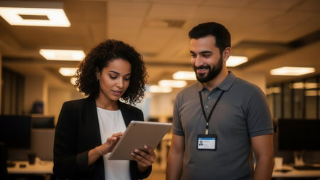 Portrait of two business people using digital tablet while standing in officeの素材