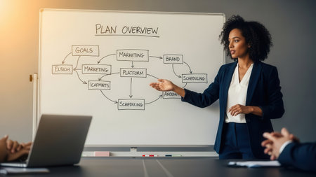 A dynamic professional leads a strategic planning session, explaining a detailed flowchart of business objectives, marketing strategies, and project timelines to her team, ensuring clear direction and coordinated effort.の素材