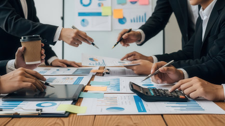 Business professionals gather to review financial reports, analyze market trends, and collaboratively strategize for enhanced company performance and competitive advantage.の素材