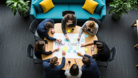 Employees work together on a flowchart at a round table, illustrating collaborative problem-solving and the creation of streamlined business processes for enhanced productivity.の素材