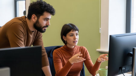 Two colleagues actively collaborate at their computers, discussing project details and working together on shared tasks, fostering teamwork and efficient workflow.の素材