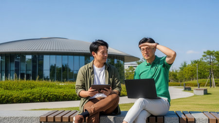 Two young professionals engage in a productive discussion, utilizing technology to brainstorm ideas and plan their next business venture while enjoying the open air.の素材
