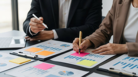 Business people discussing the charts and graphs showing the results of their successful teamwork.の素材