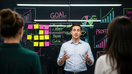 Businessman standing in front of his colleagues in office and looking at business chartsの素材