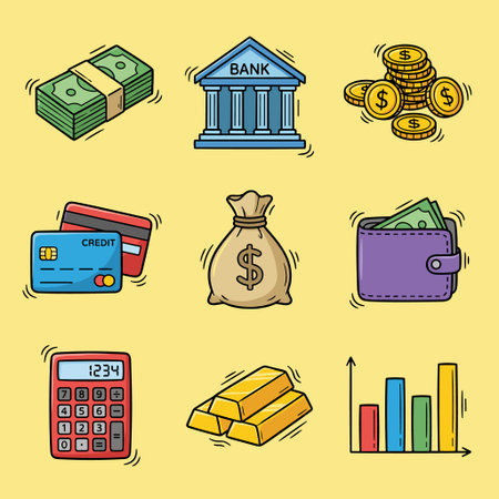 A collection of charming, hand-drawn icons showcasing essential financial elements such as stacks of cash, bank buildings, gold bars, and calculators.のイラスト素材