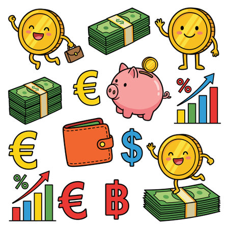 A cheerful composition featuring animated coins and financial symbols like Euro, Dollar, percentage charts, and a playful piggy bank.のイラスト素材