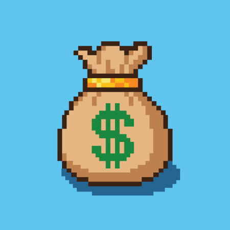 A retro pixel art depiction of a classic money bag adorned with a prominent dollar sign, evoking feelings of wealth, treasure, and abundance.のイラスト素材