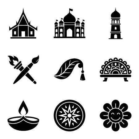 A set of bold black silhouette icons depicting various cultural and religious symbols, including temples, mosques, torches, and decorative elements.のイラスト素材
