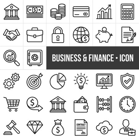 A diverse set of line art icons representing various financial and business concepts, perfect for websites, apps, and presentations.のイラスト素材