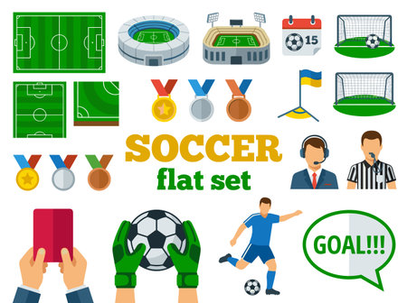 Soccer flat icons set with ball, goal, referee, referee, referee, referee, referee, vector illustrationのイラスト素材