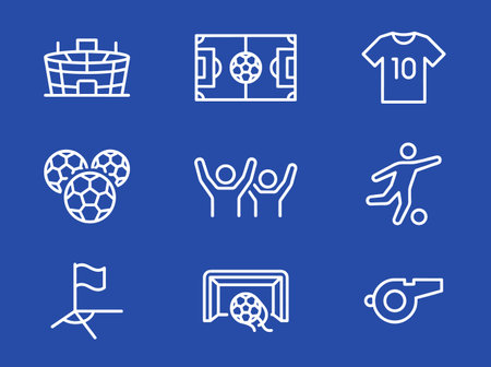 Soccer line icons set, outline vector symbols collection, linear pictograms package isolated on blue background.のイラスト素材