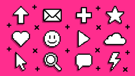 Set of pixel art icons for social networks. Vector illustration on a pink background.のイラスト素材