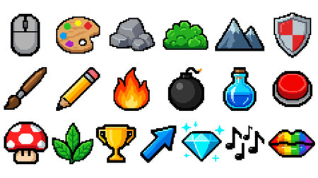 Pixel art game elements. 8 bit vector set of game objects.のイラスト素材