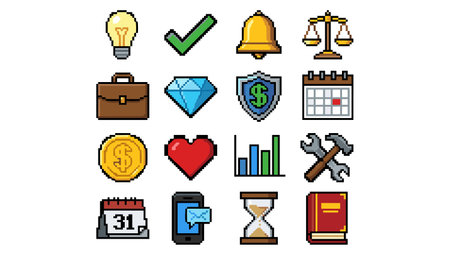 Set of pixel art icons for business and finance. Vector illustration.のイラスト素材