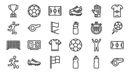 set of soccer related icons over white background, line style, vector illustrationのイラスト素材