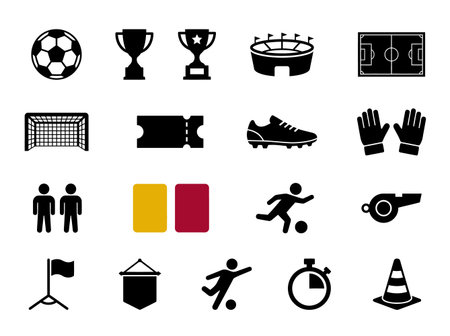 Soccer icons set. Soccer football vector icons. Soccer ball, referee, goal, stopwatch, whistle, goalpost, winner cup, goalkeeper glove.のイラスト素材